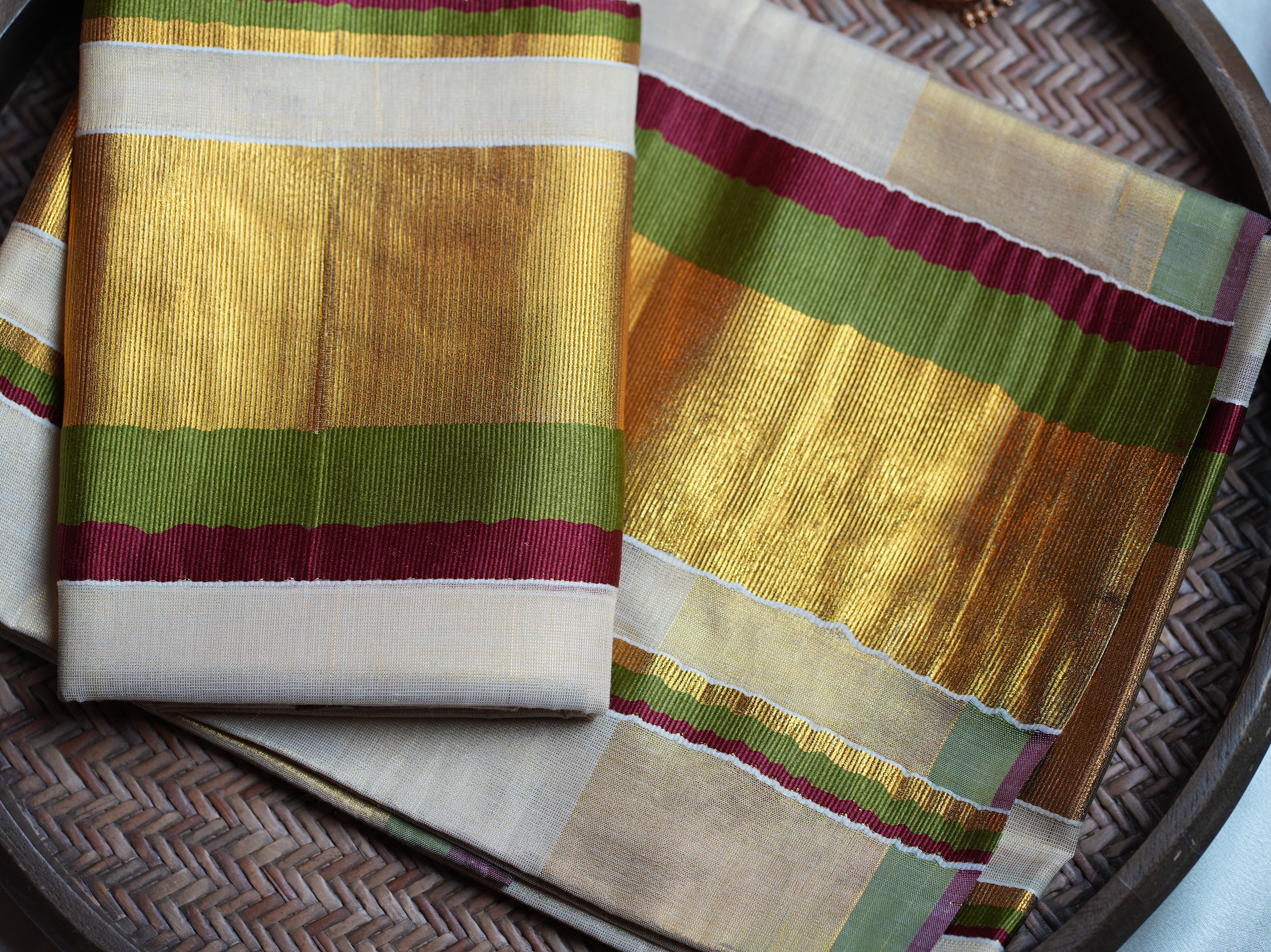 💫 Olive & Maroon Stripe Tissue Kasavu Kerala Set Mundu 🌟