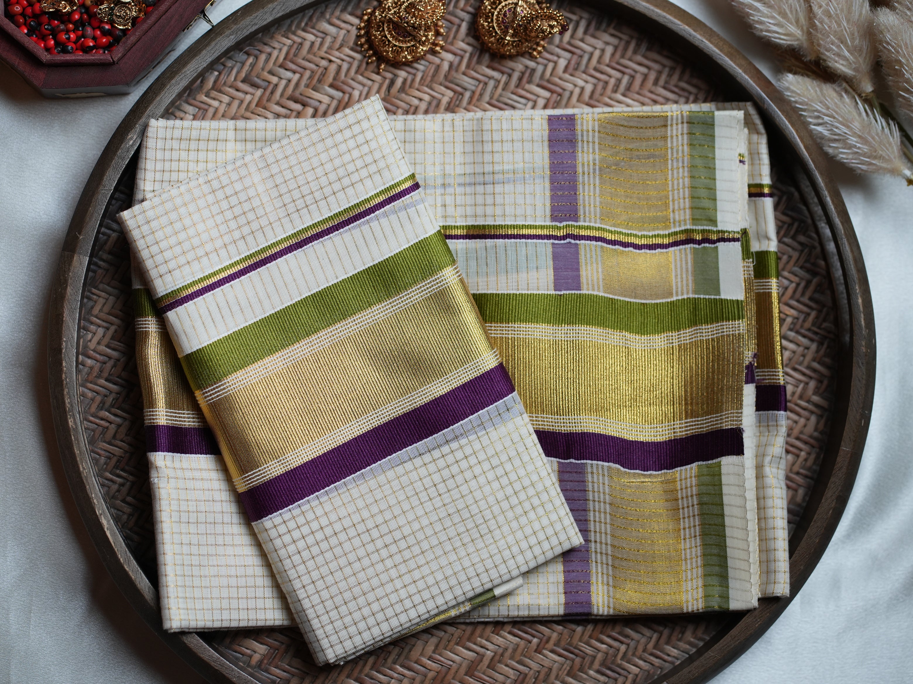 💜 Olive & Purple Kasavu Cotton Kerala Set Mundu 🌟