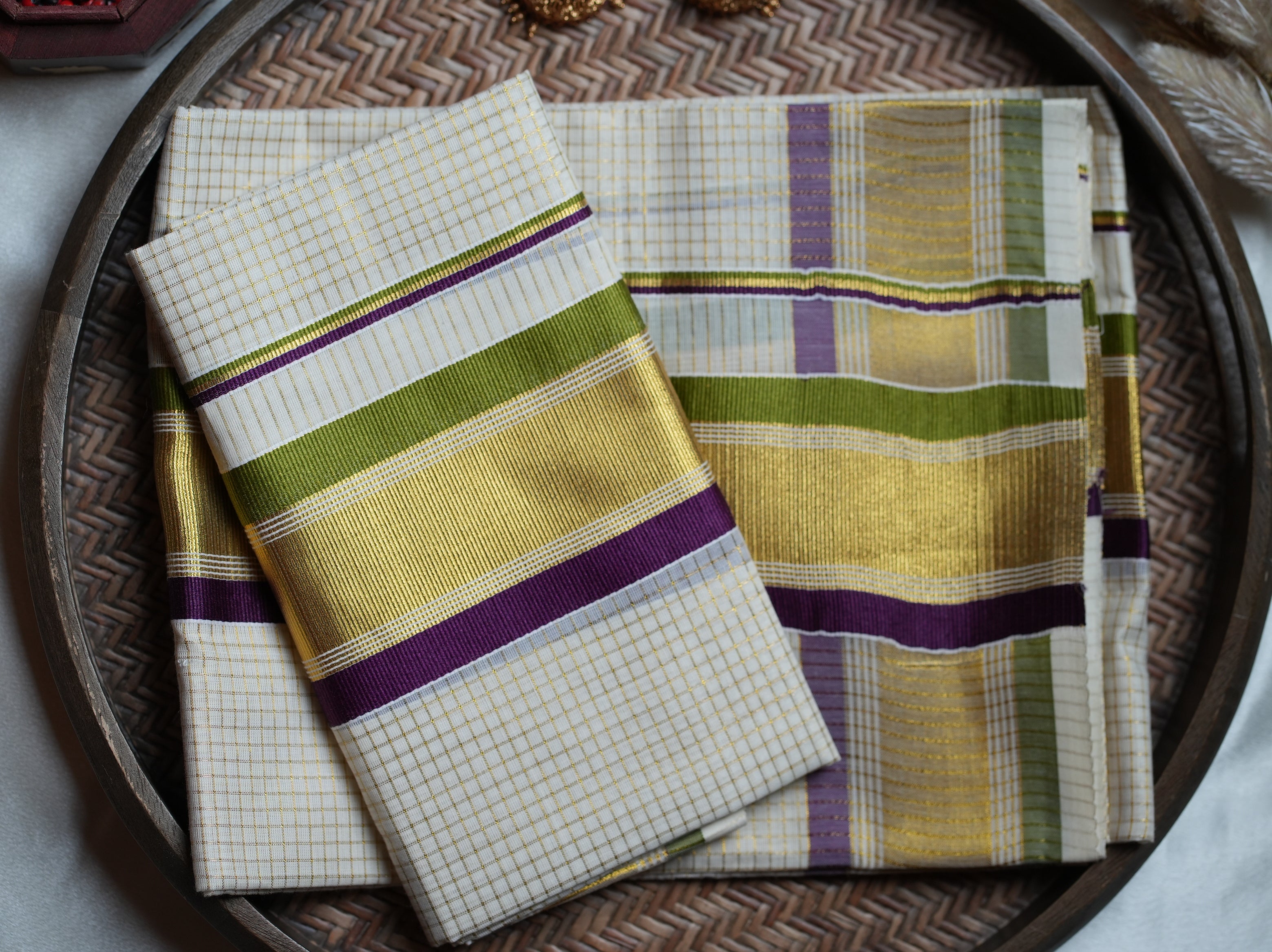 💜 Olive & Purple Kasavu Cotton Kerala Set Mundu 🌟