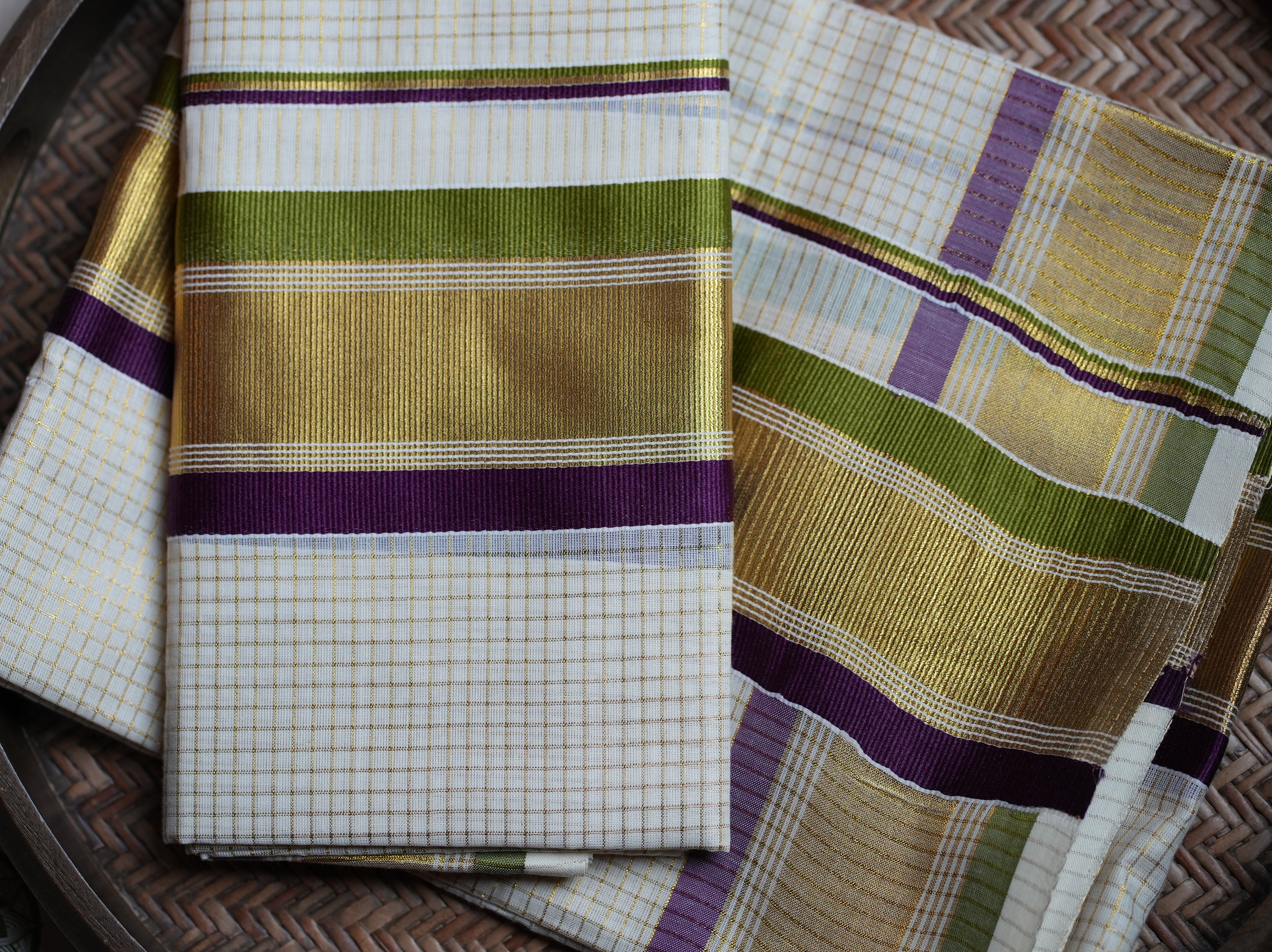 💜 Olive & Purple Kasavu Cotton Kerala Set Mundu 🌟