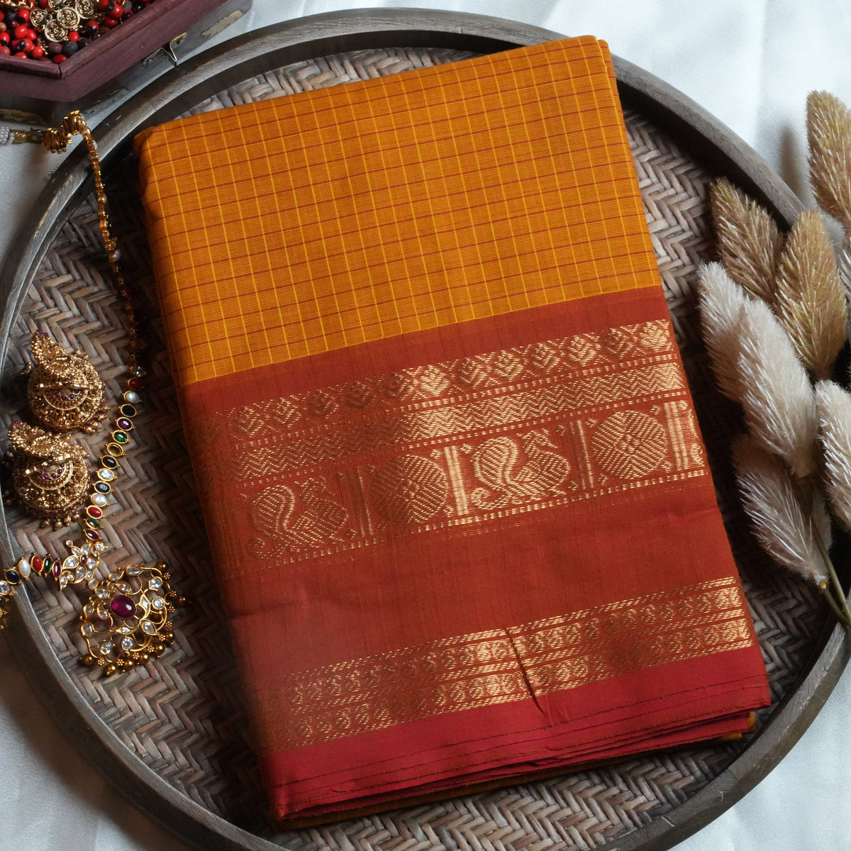 🌅 Mustard Yellow & Deep Rust Red Kanchi Cotton Saree 🌟