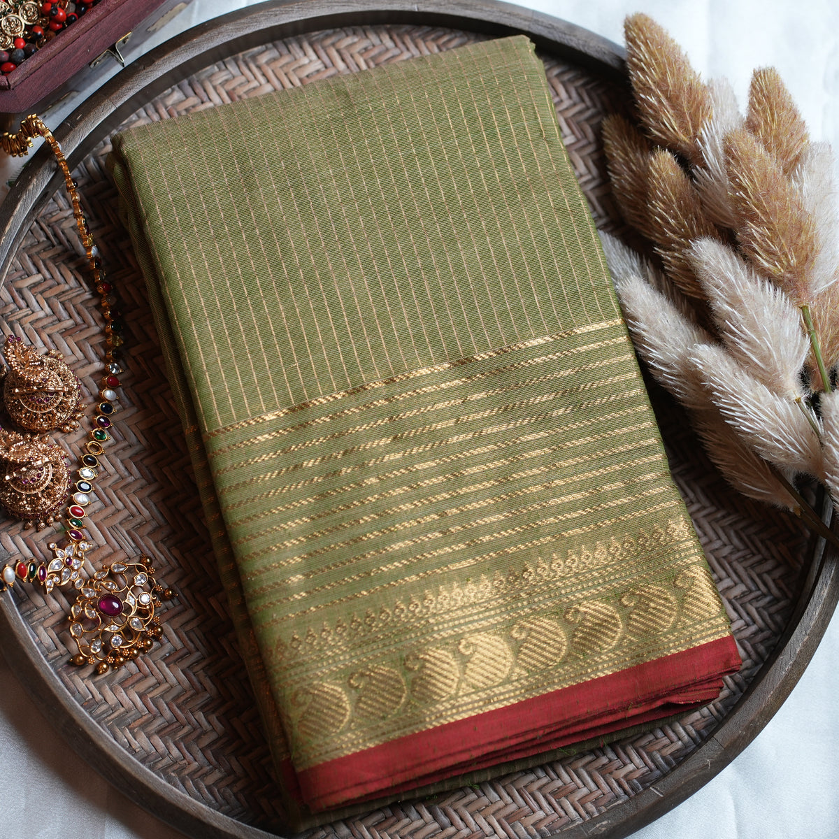 🌿 Olive Green & Maroon Kanchi Cotton Saree 🌟