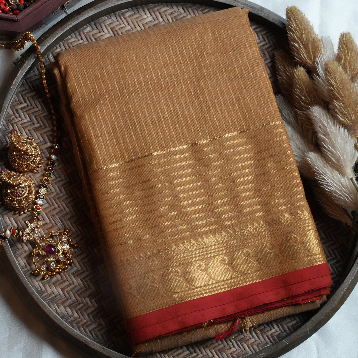 🌾 Golden Beige & Crimson Red Kanchi Cotton Saree 🌟