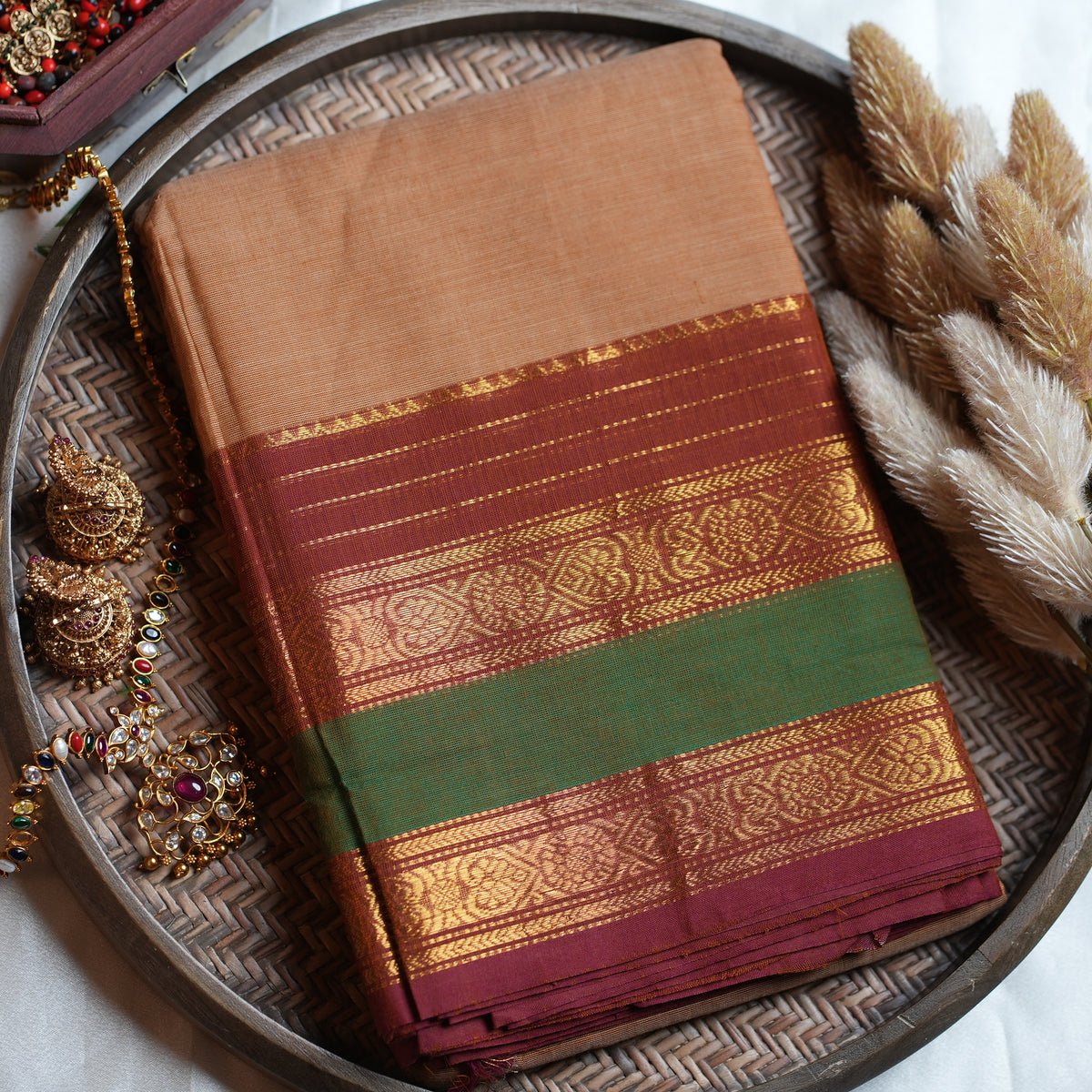 🌾 Sand Beige, Maroon & Forest Green Kanchi Cotton Saree 🌟