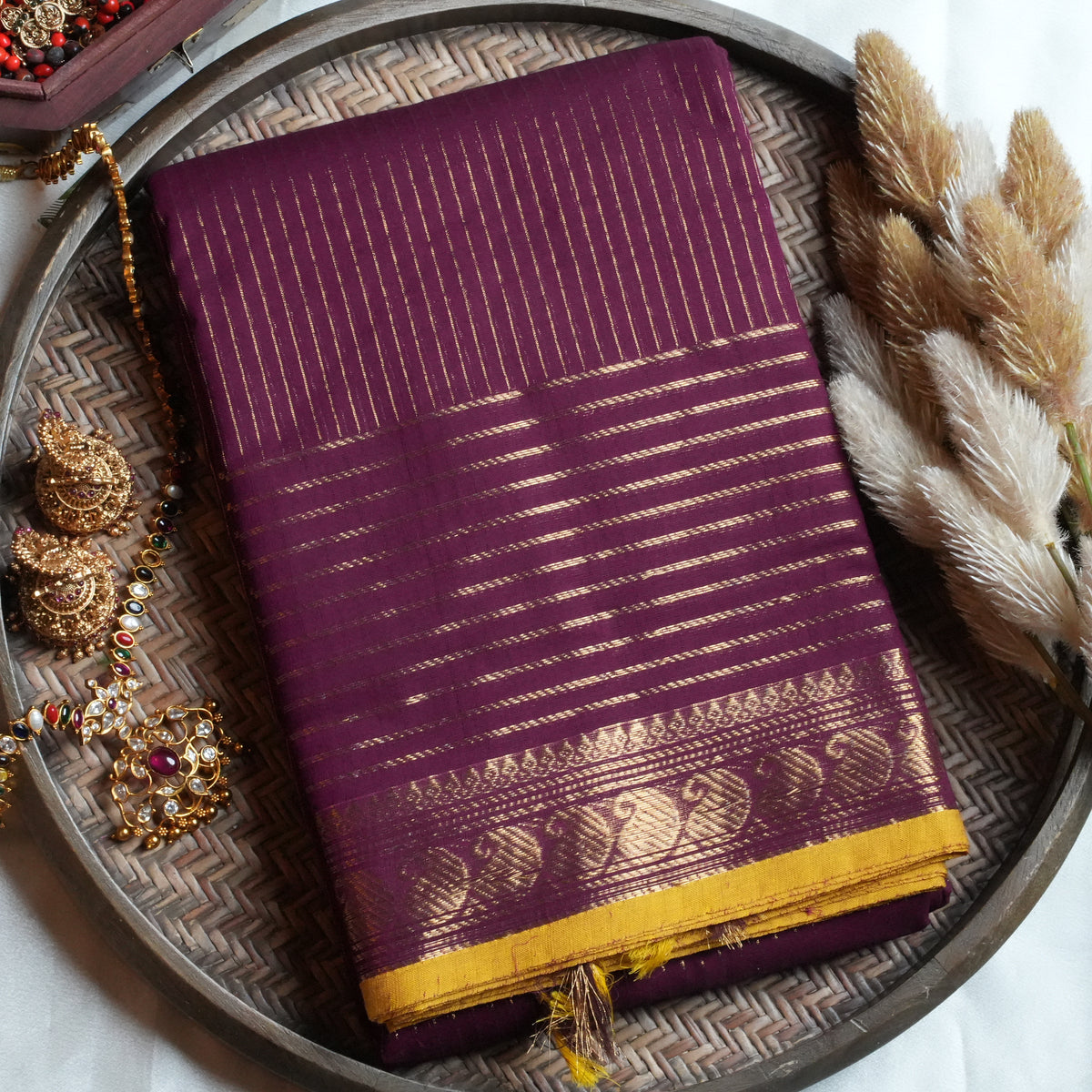 💜 Deep Plum & Mustard Yellow Kanchi Cotton Saree 🌟