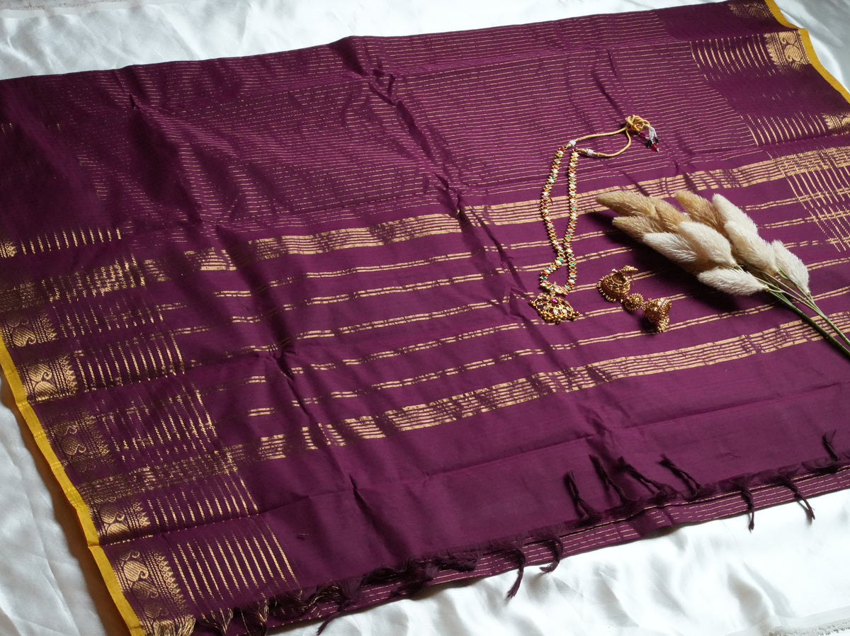 💜 Deep Plum & Mustard Yellow Kanchi Cotton Saree 🌟