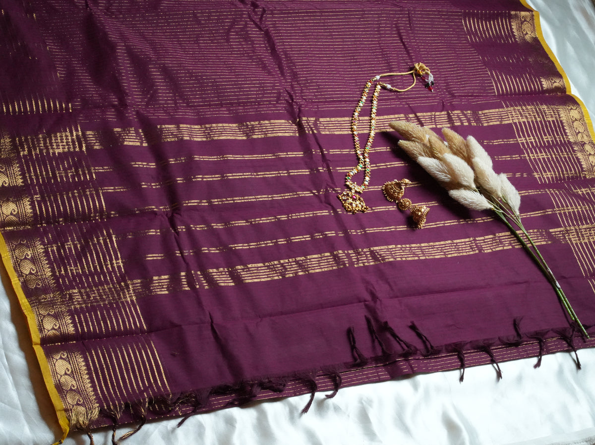 💜 Deep Plum & Mustard Yellow Kanchi Cotton Saree 🌟