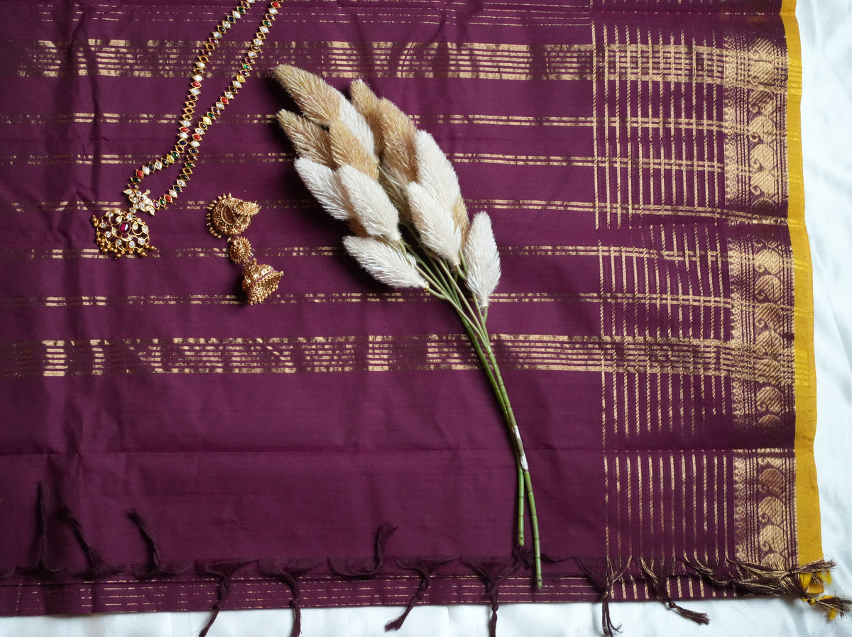 💜 Deep Plum & Mustard Yellow Kanchi Cotton Saree 🌟