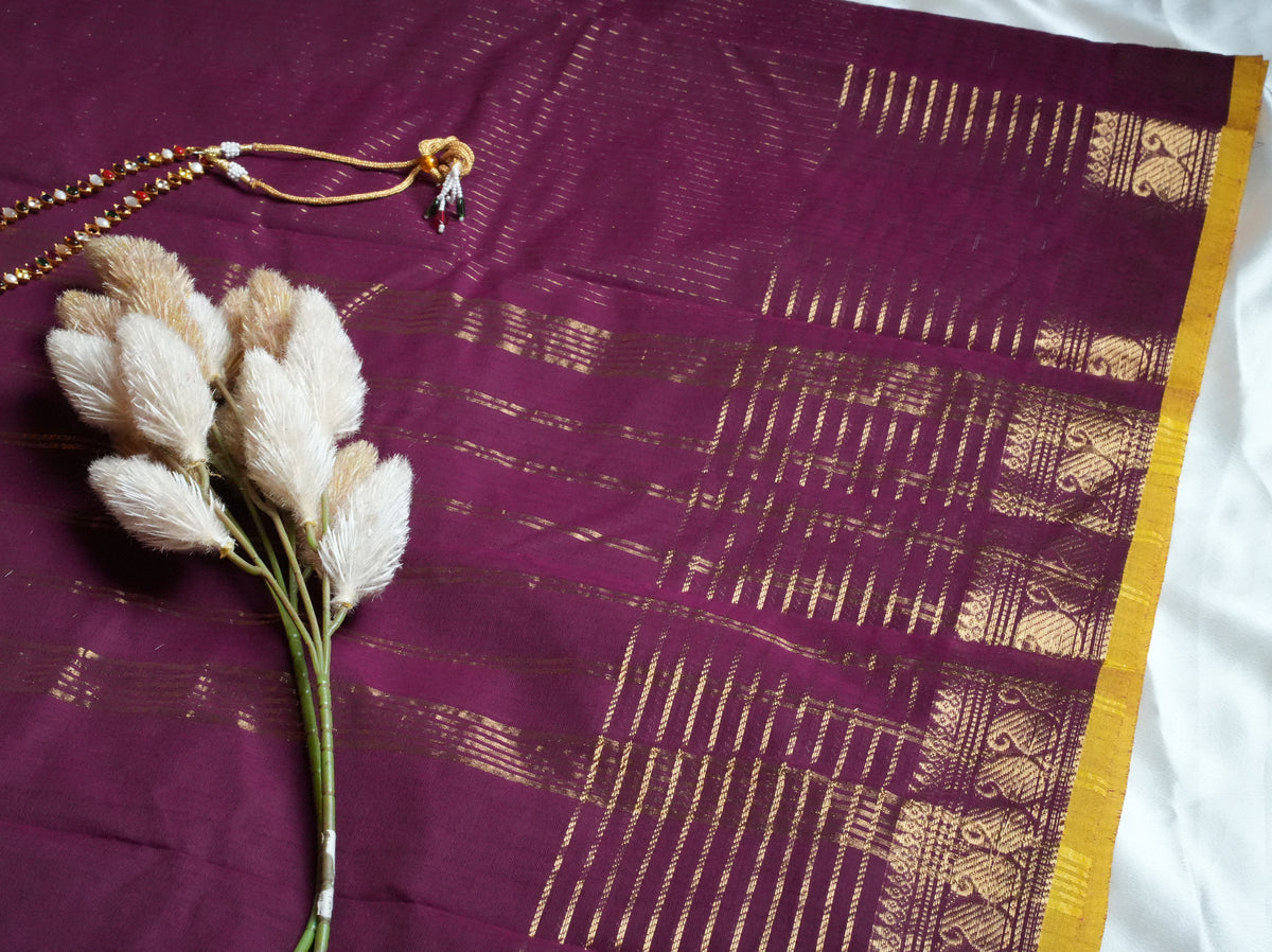 💜 Deep Plum & Mustard Yellow Kanchi Cotton Saree 🌟