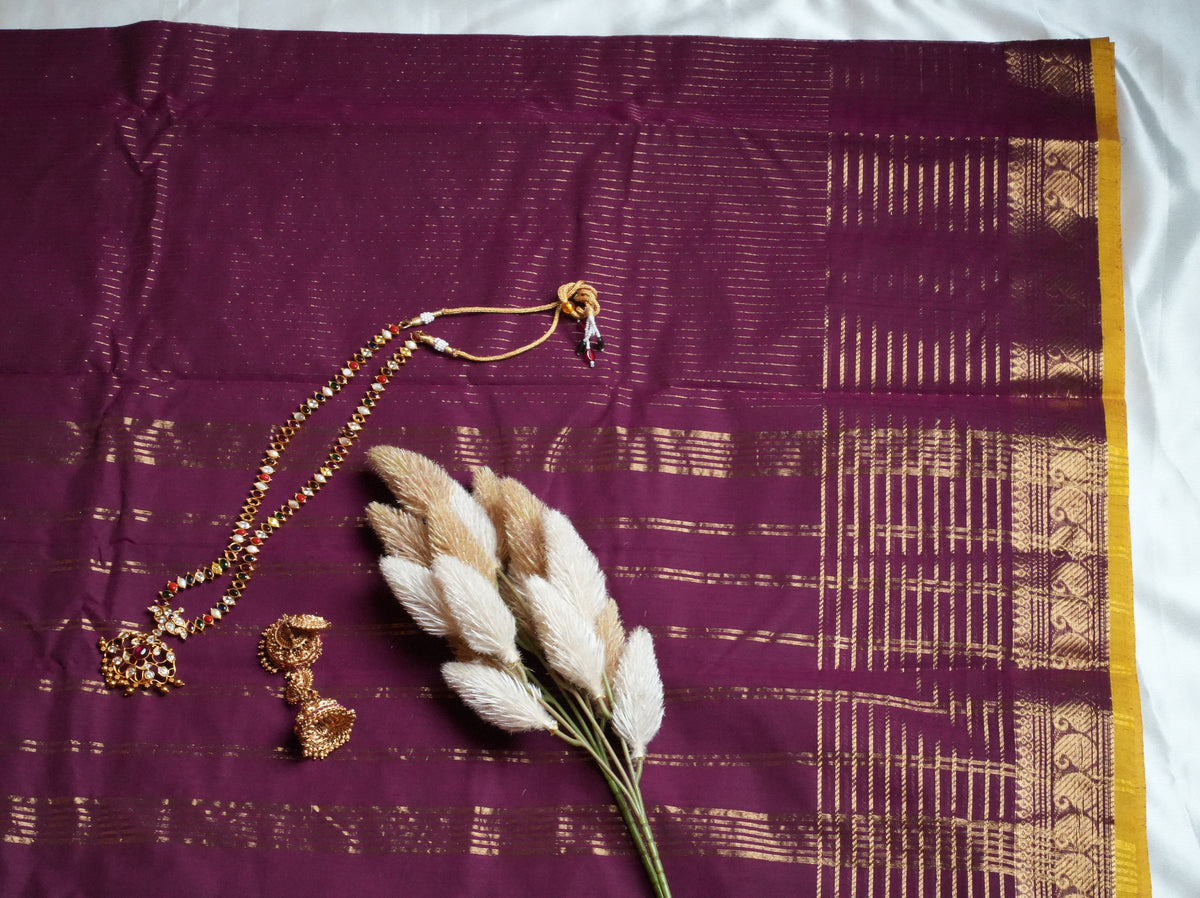 💜 Deep Plum & Mustard Yellow Kanchi Cotton Saree 🌟