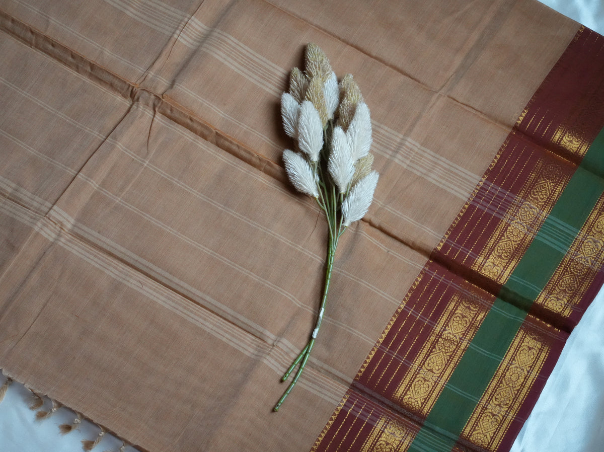 🌾 Sand Beige, Maroon & Forest Green Kanchi Cotton Saree 🌟