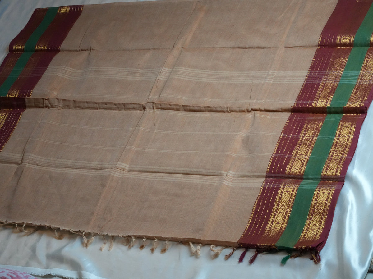 🌾 Sand Beige, Maroon & Forest Green Kanchi Cotton Saree 🌟