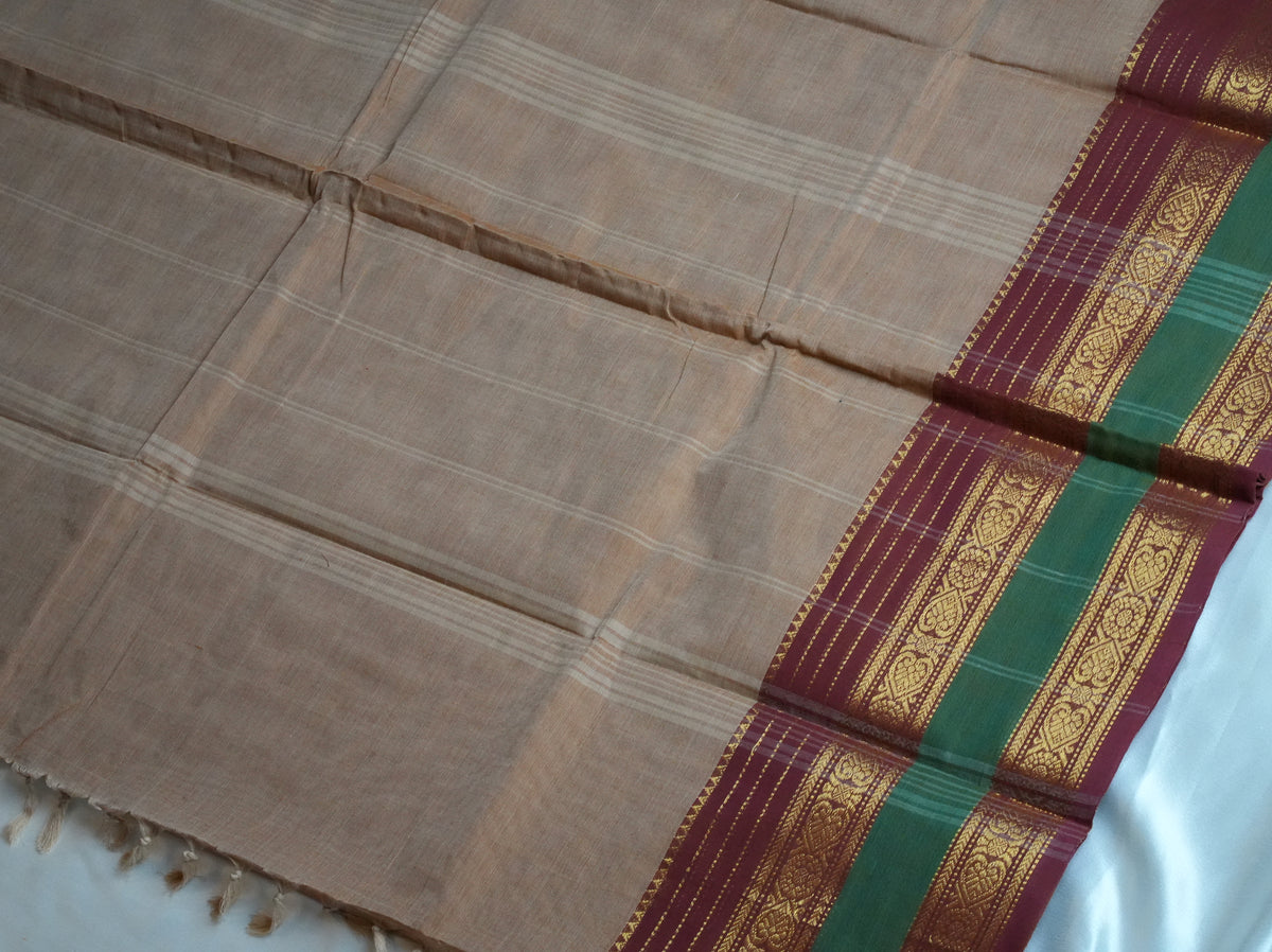 🌾 Sand Beige, Maroon & Forest Green Kanchi Cotton Saree 🌟