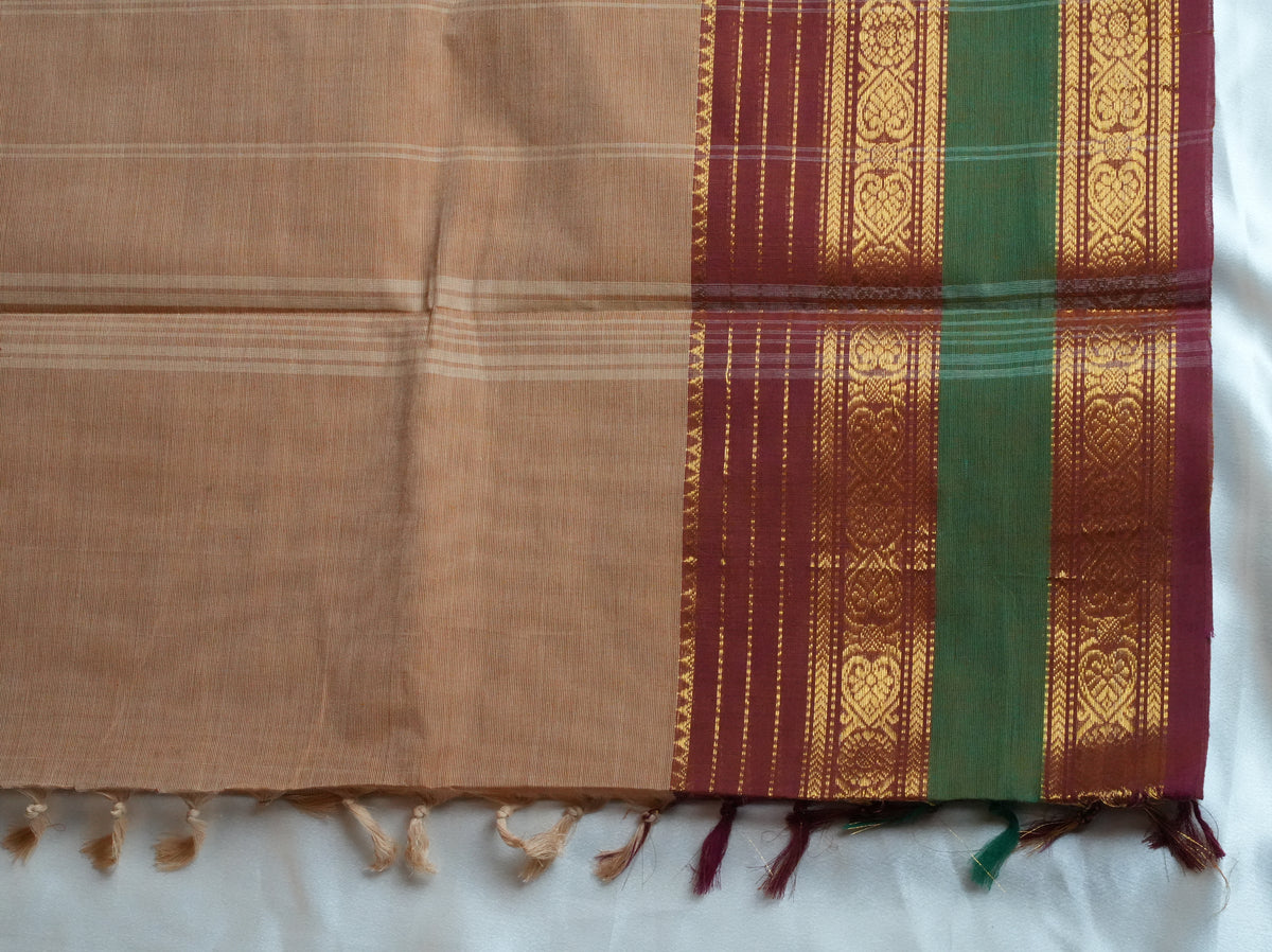 🌾 Sand Beige, Maroon & Forest Green Kanchi Cotton Saree 🌟