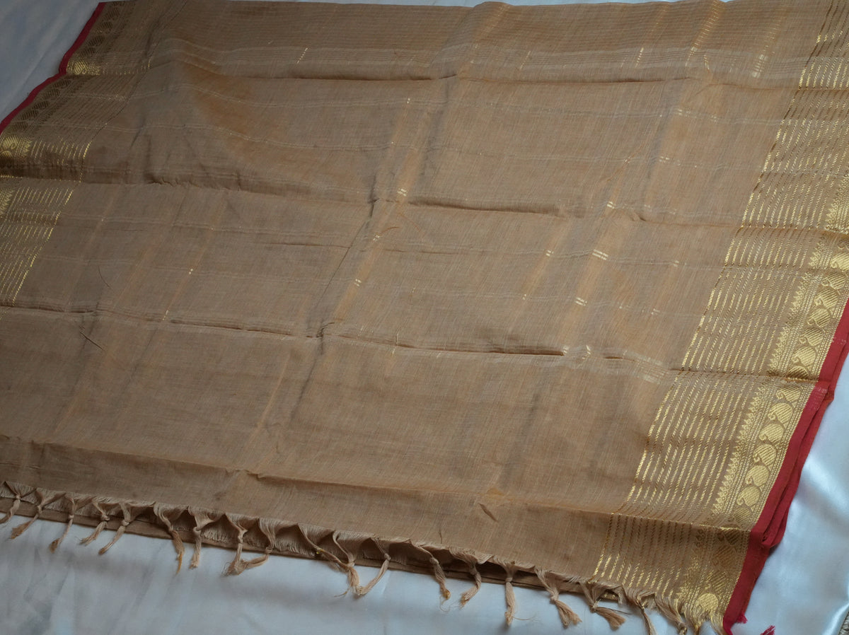 🌾 Golden Beige & Crimson Red Kanchi Cotton Saree 🌟