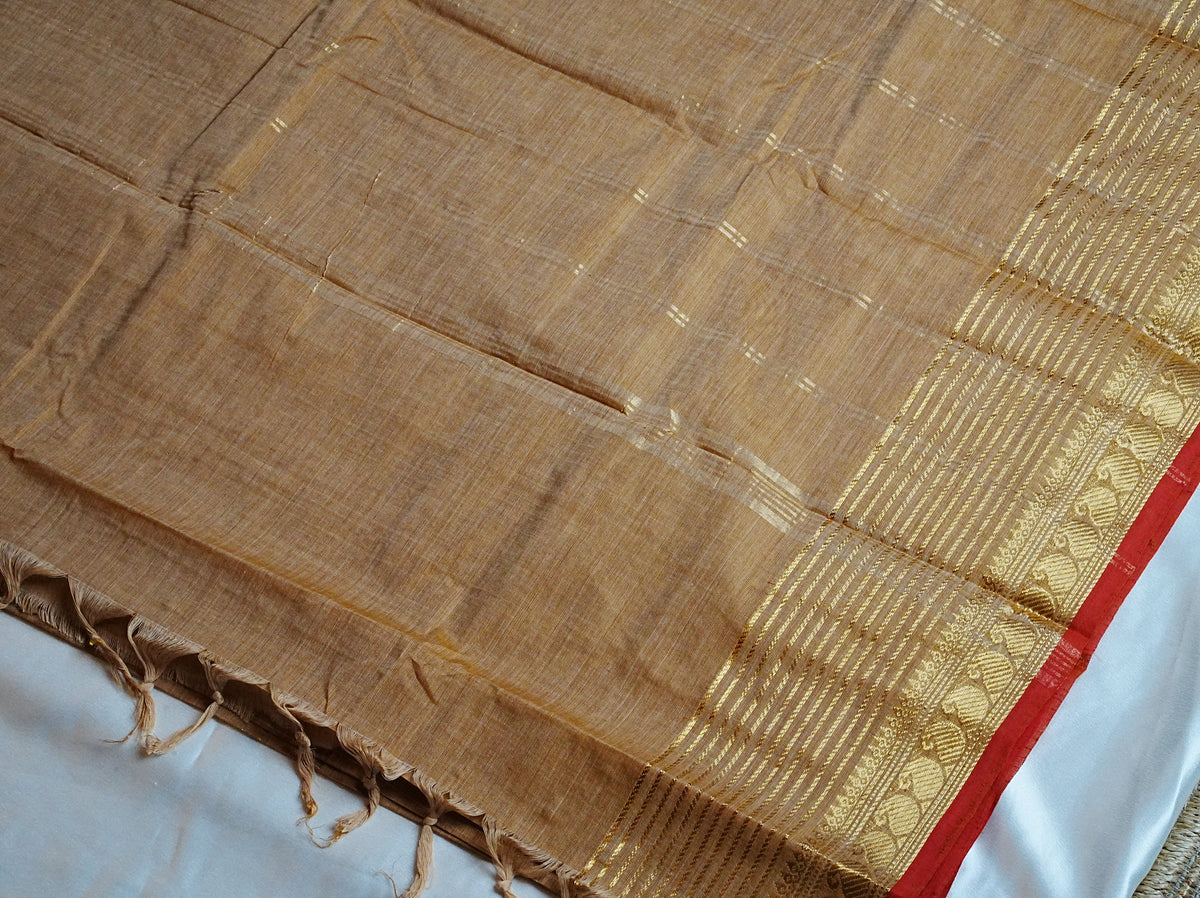 🌾 Golden Beige & Crimson Red Kanchi Cotton Saree 🌟