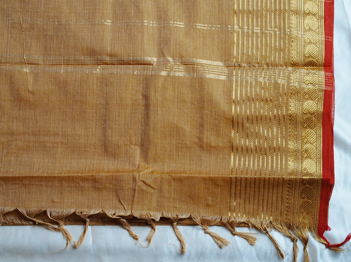 🌾 Golden Beige & Crimson Red Kanchi Cotton Saree 🌟