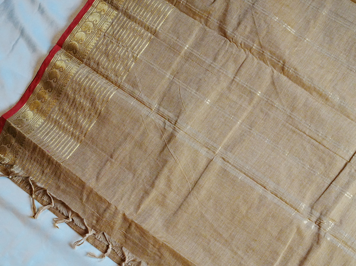 🌾 Golden Beige & Crimson Red Kanchi Cotton Saree 🌟