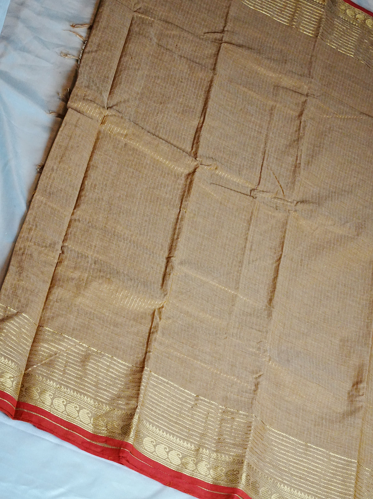 🌾 Golden Beige & Crimson Red Kanchi Cotton Saree 🌟
