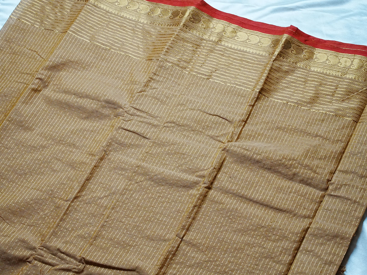 🌾 Golden Beige & Crimson Red Kanchi Cotton Saree 🌟