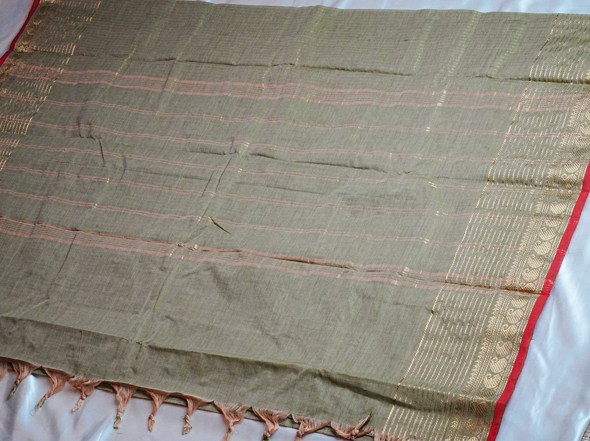 🌿 Olive Green & Maroon Kanchi Cotton Saree 🌟