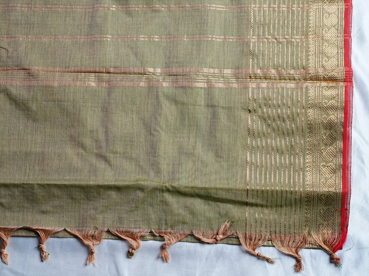 🌿 Olive Green & Maroon Kanchi Cotton Saree 🌟