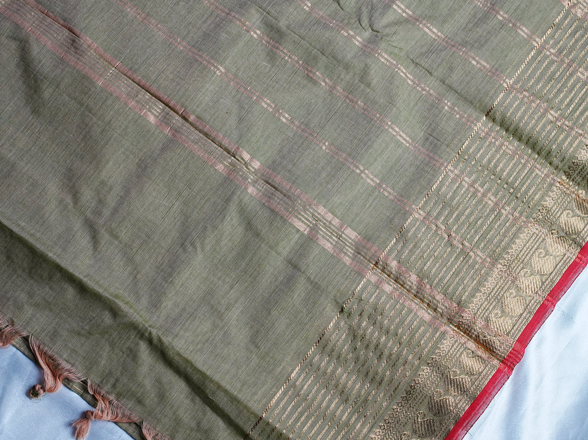 🌿 Olive Green & Maroon Kanchi Cotton Saree 🌟