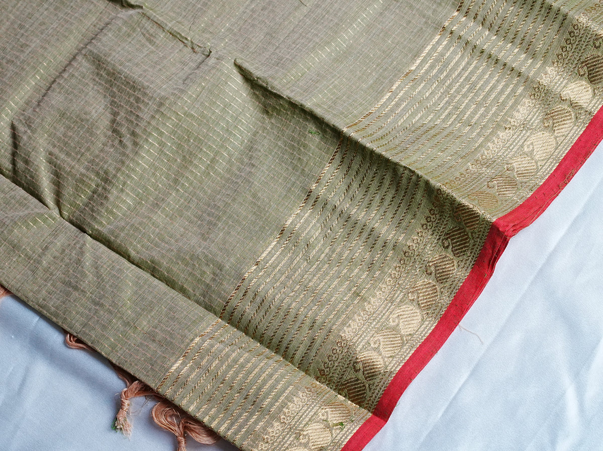 🌿 Olive Green & Maroon Kanchi Cotton Saree 🌟