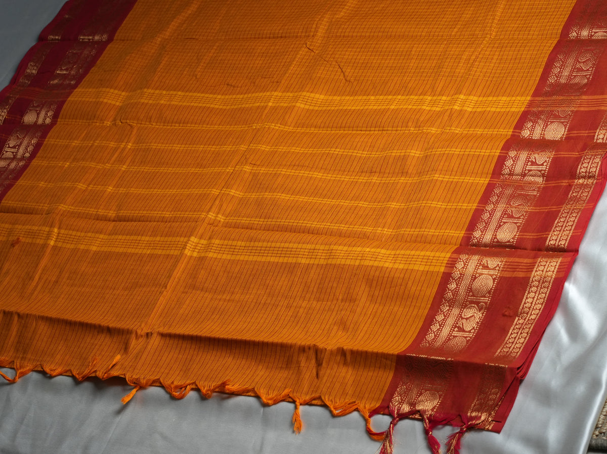 🌅 Mustard Yellow & Deep Rust Red Kanchi Cotton Saree 🌟