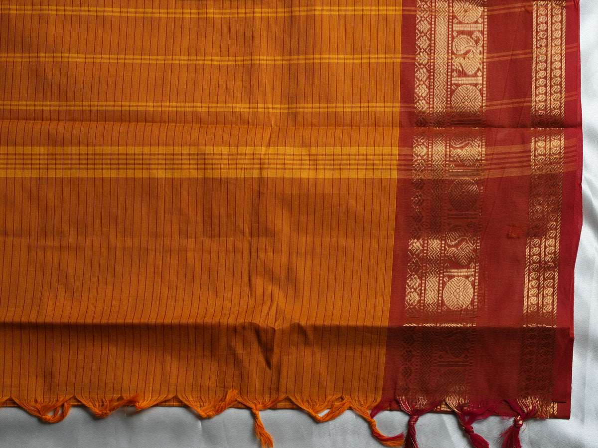 🌅 Mustard Yellow & Deep Rust Red Kanchi Cotton Saree 🌟