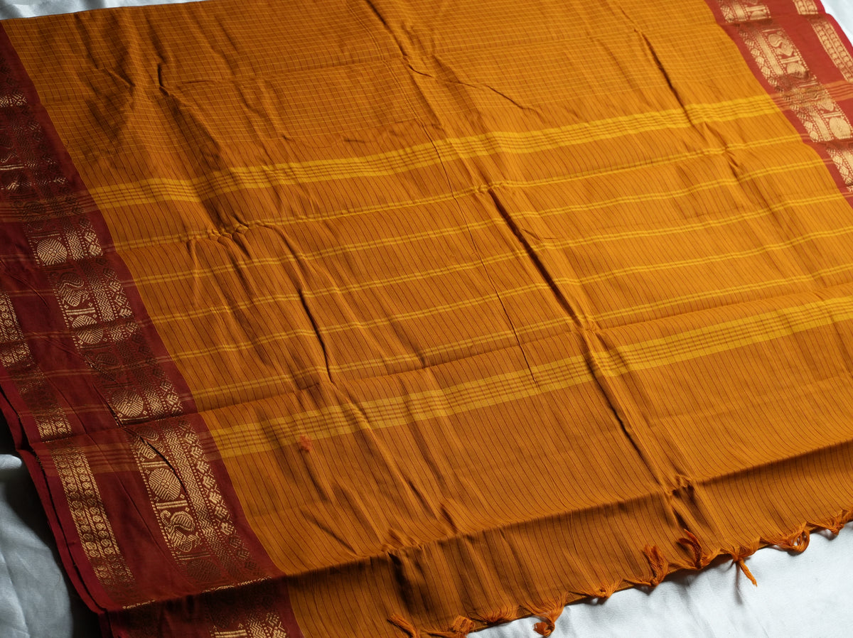 🌅 Mustard Yellow & Deep Rust Red Kanchi Cotton Saree 🌟
