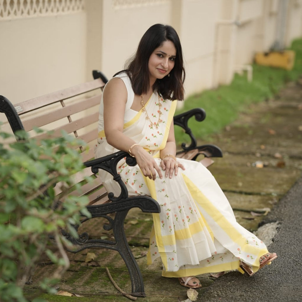 🌼 Sunlit Yellow & Floral Block Prints Mulloth Design Cotton Single Set Mundu ☀️