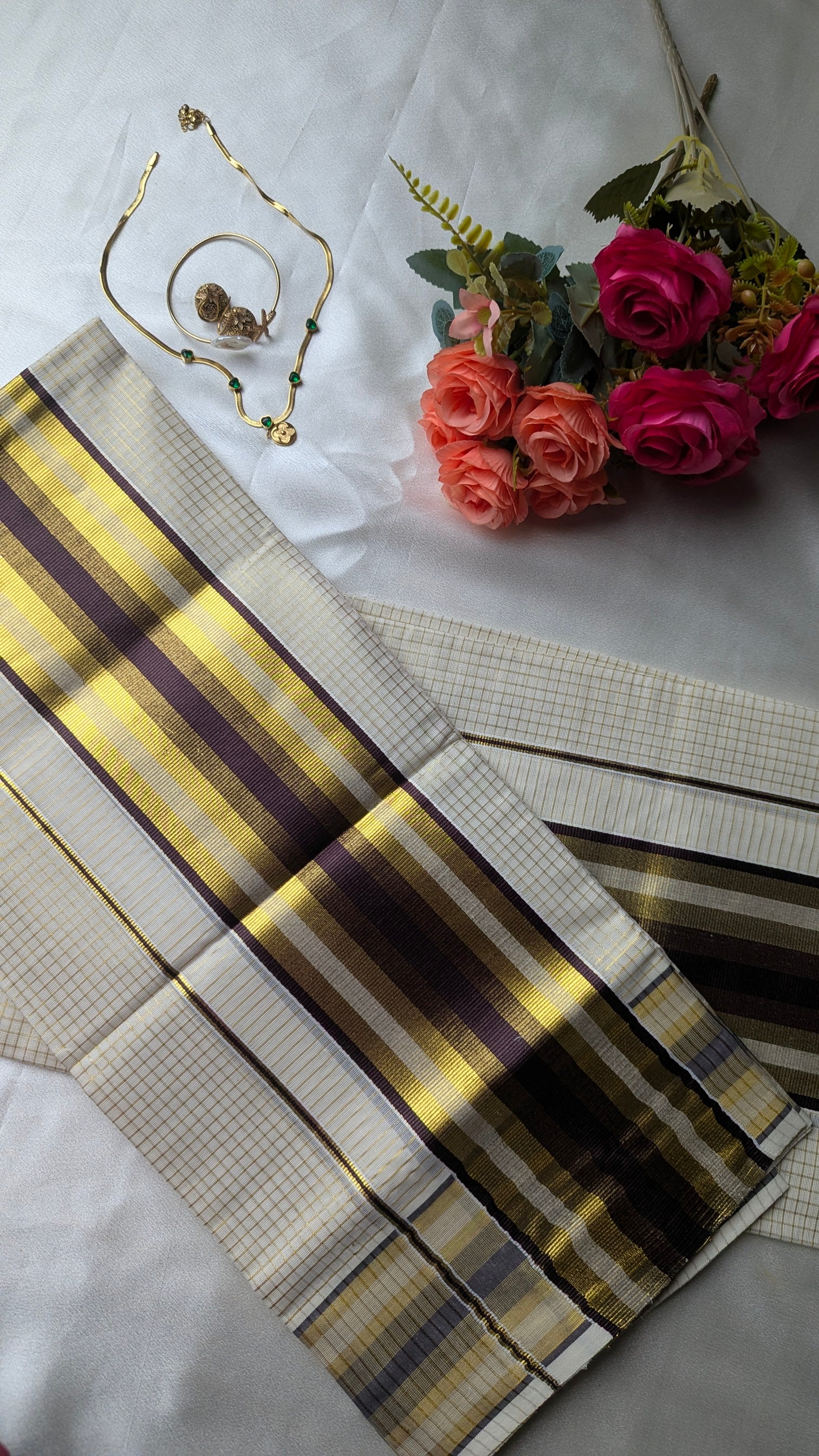 Brown and Burgundy Single Set Mundu