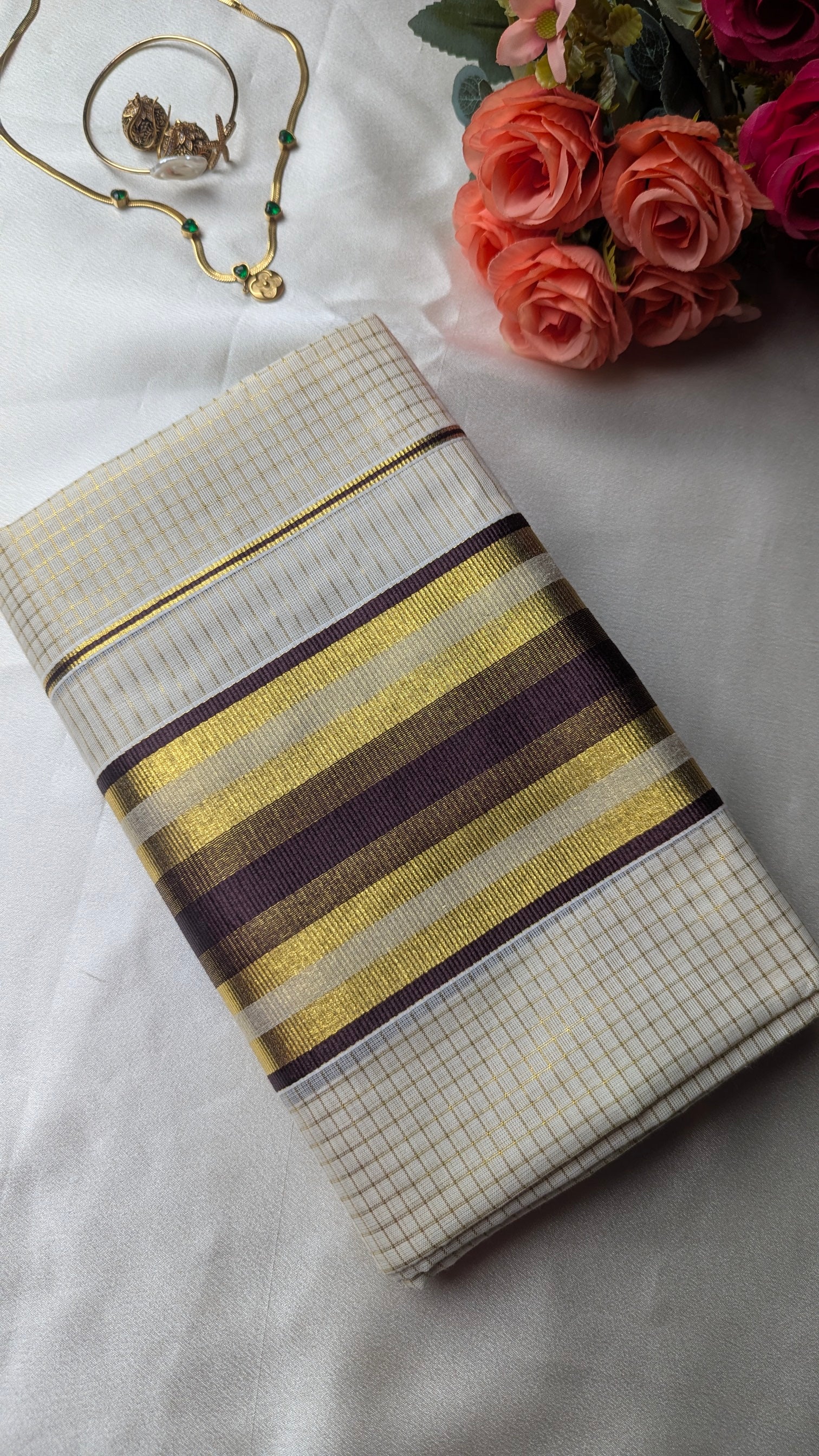 Brown and Burgundy Single Set Mundu