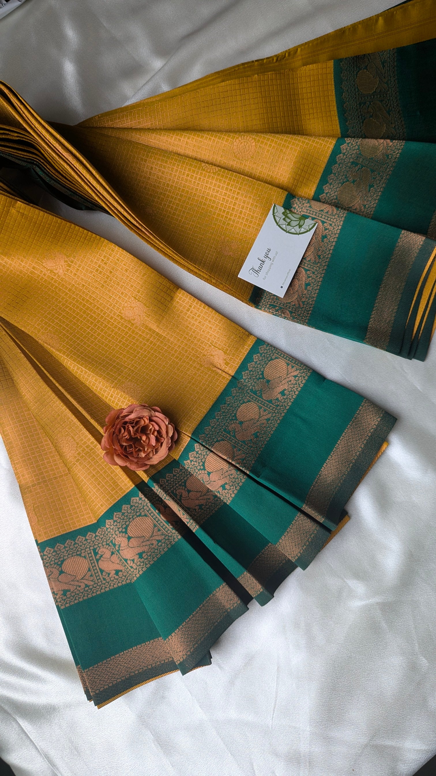 Mustard Yellow and Green Cotton Silk Saree
