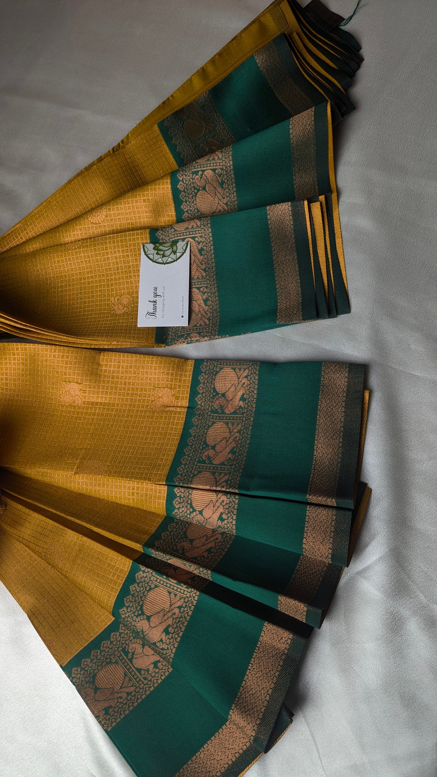 Mustard Yellow and Green Cotton Silk Saree