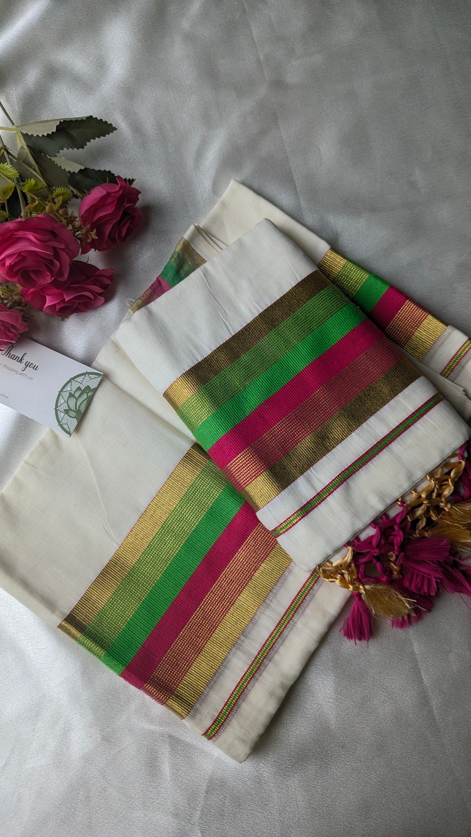 Single Set Mundu in Green & Maroon