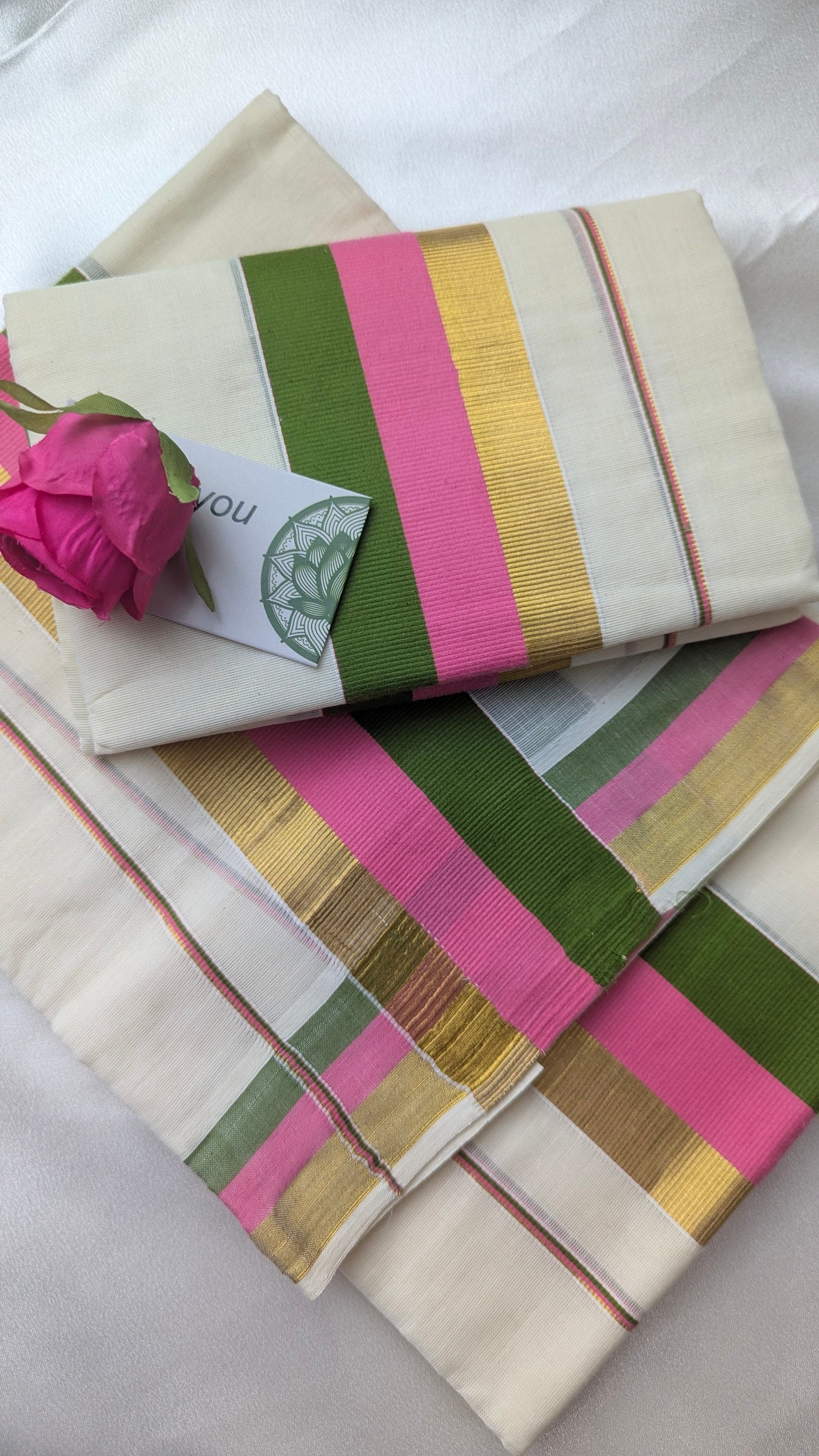 Single Set Mundu in Green & Rose