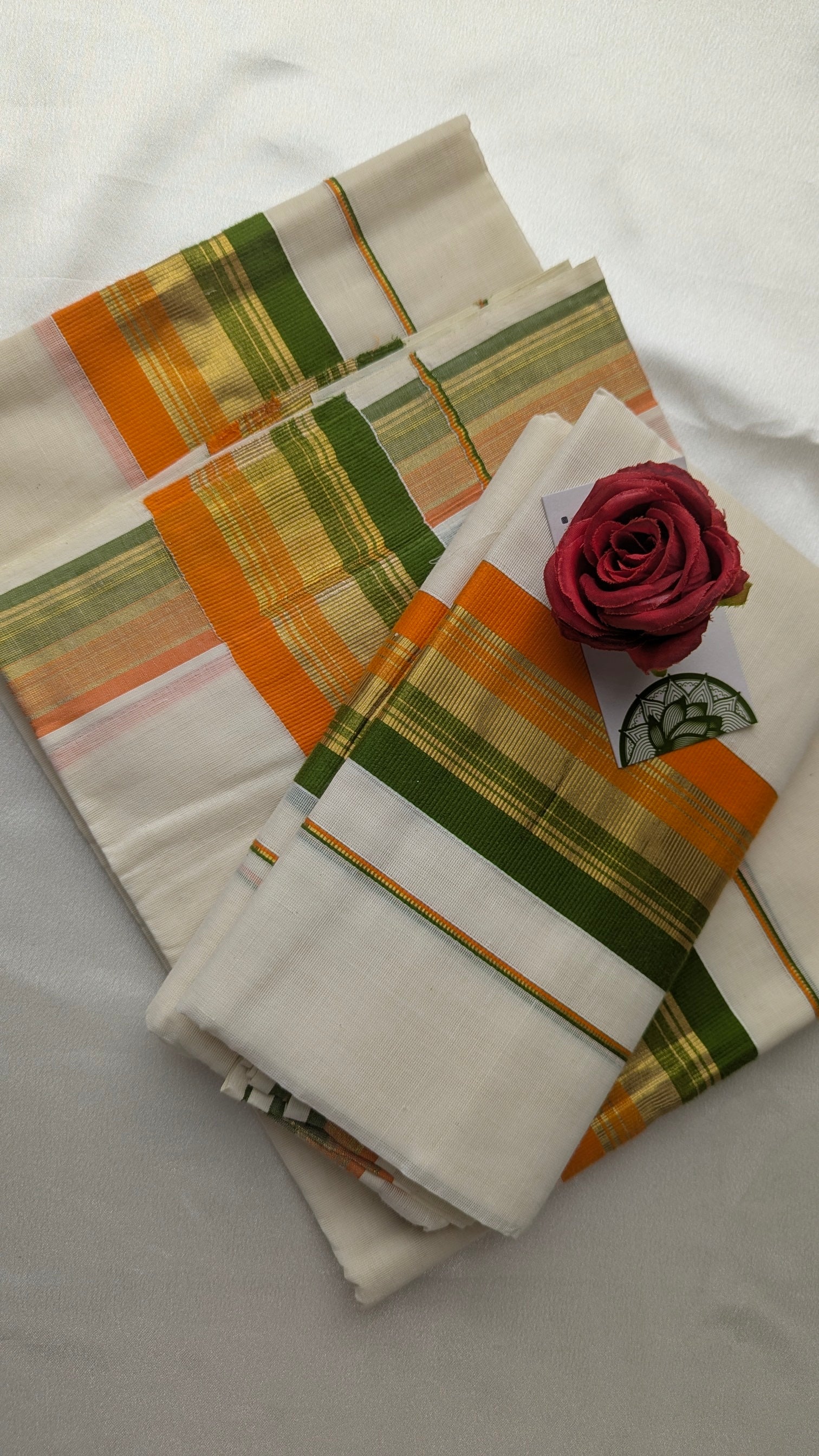 Single Set Mundu in Green & Orange