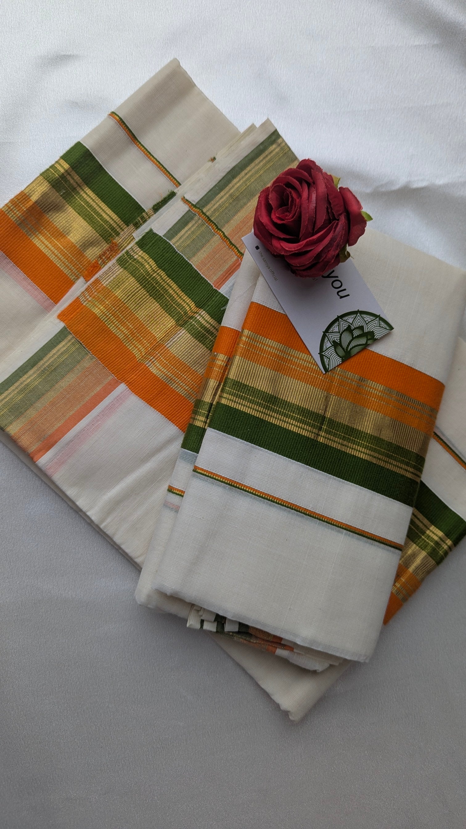 Single Set Mundu in Green & Orange