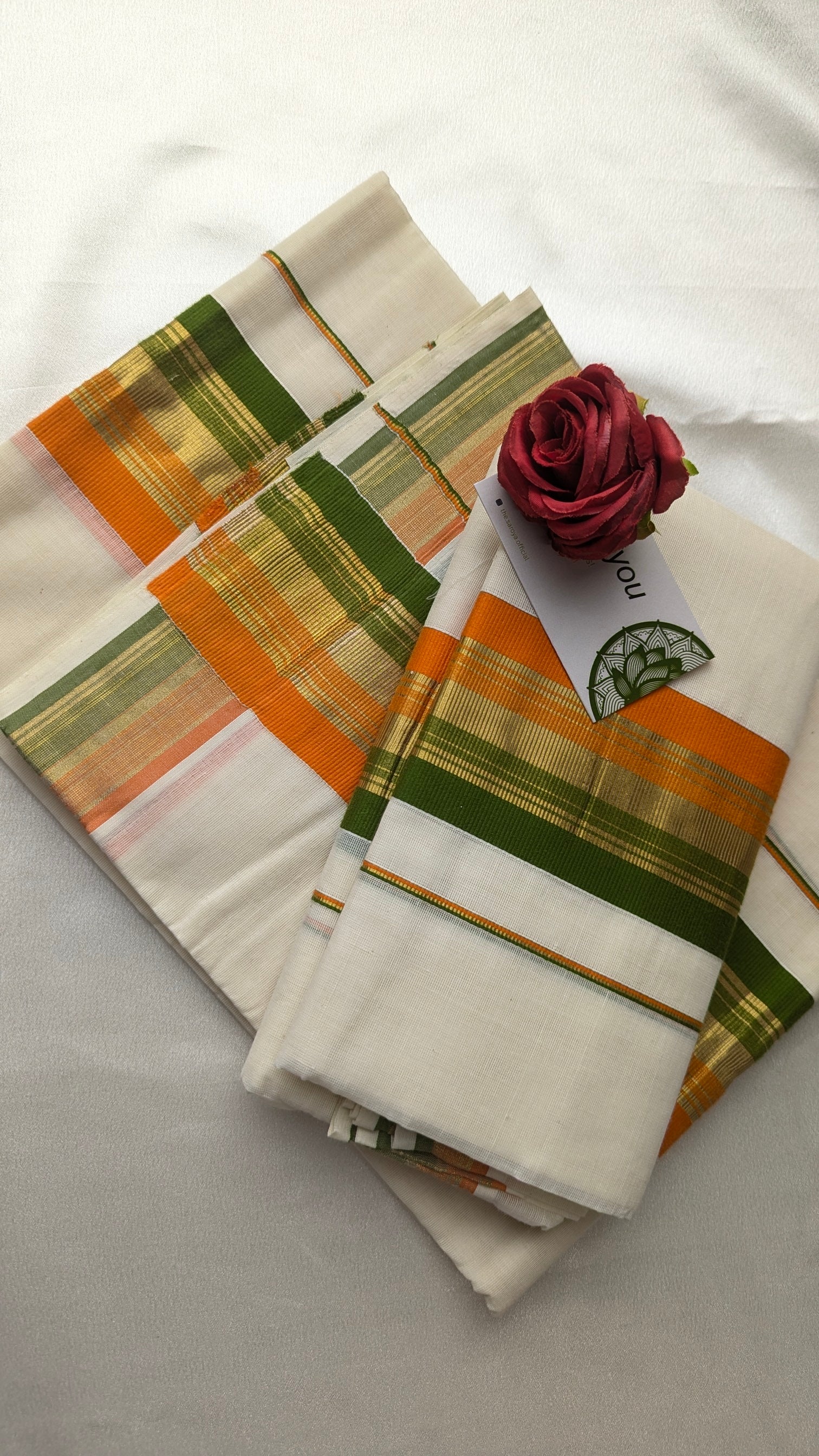 Single Set Mundu in Green & Orange
