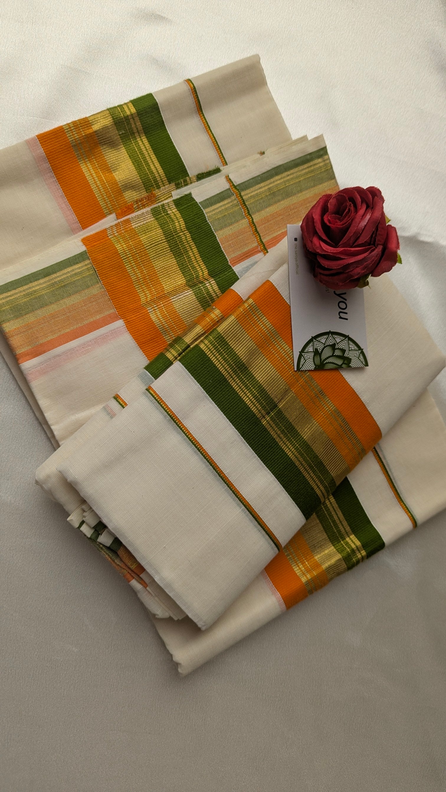 Single Set Mundu in Green & Orange