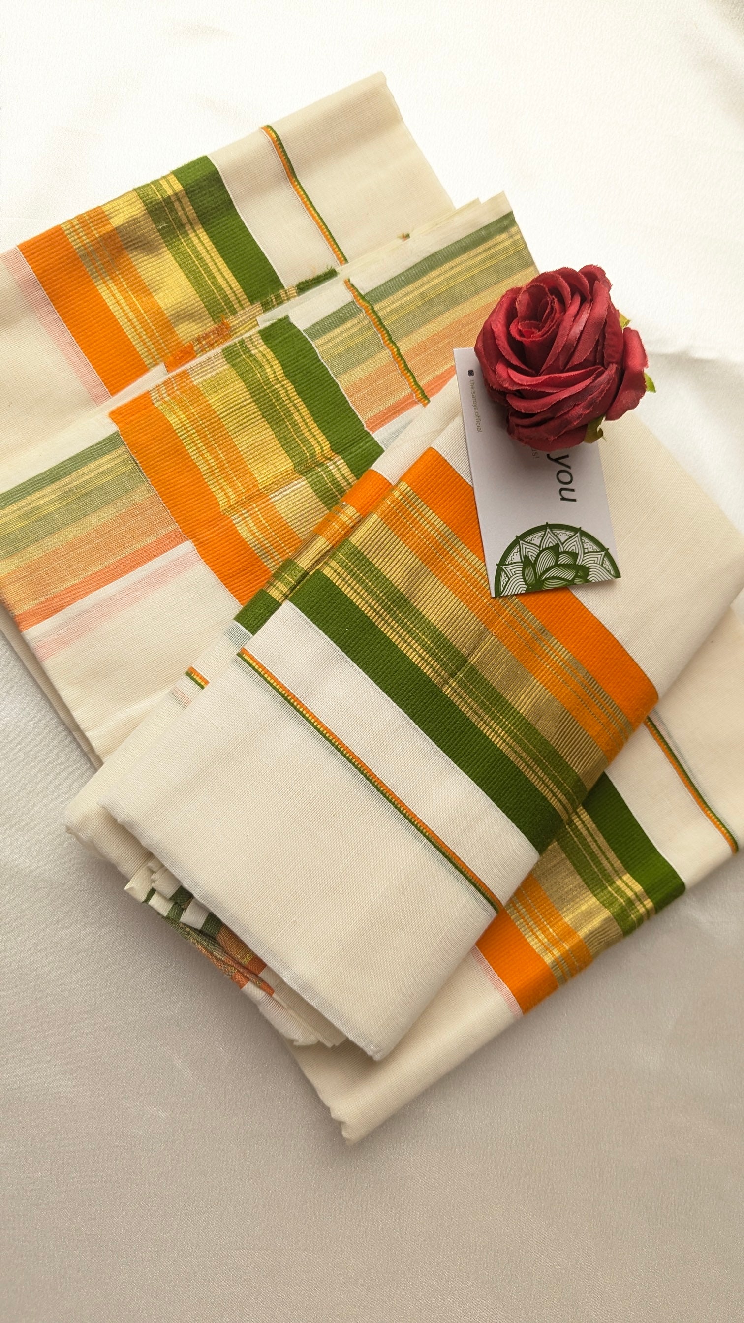 Single Set Mundu in Green & Orange