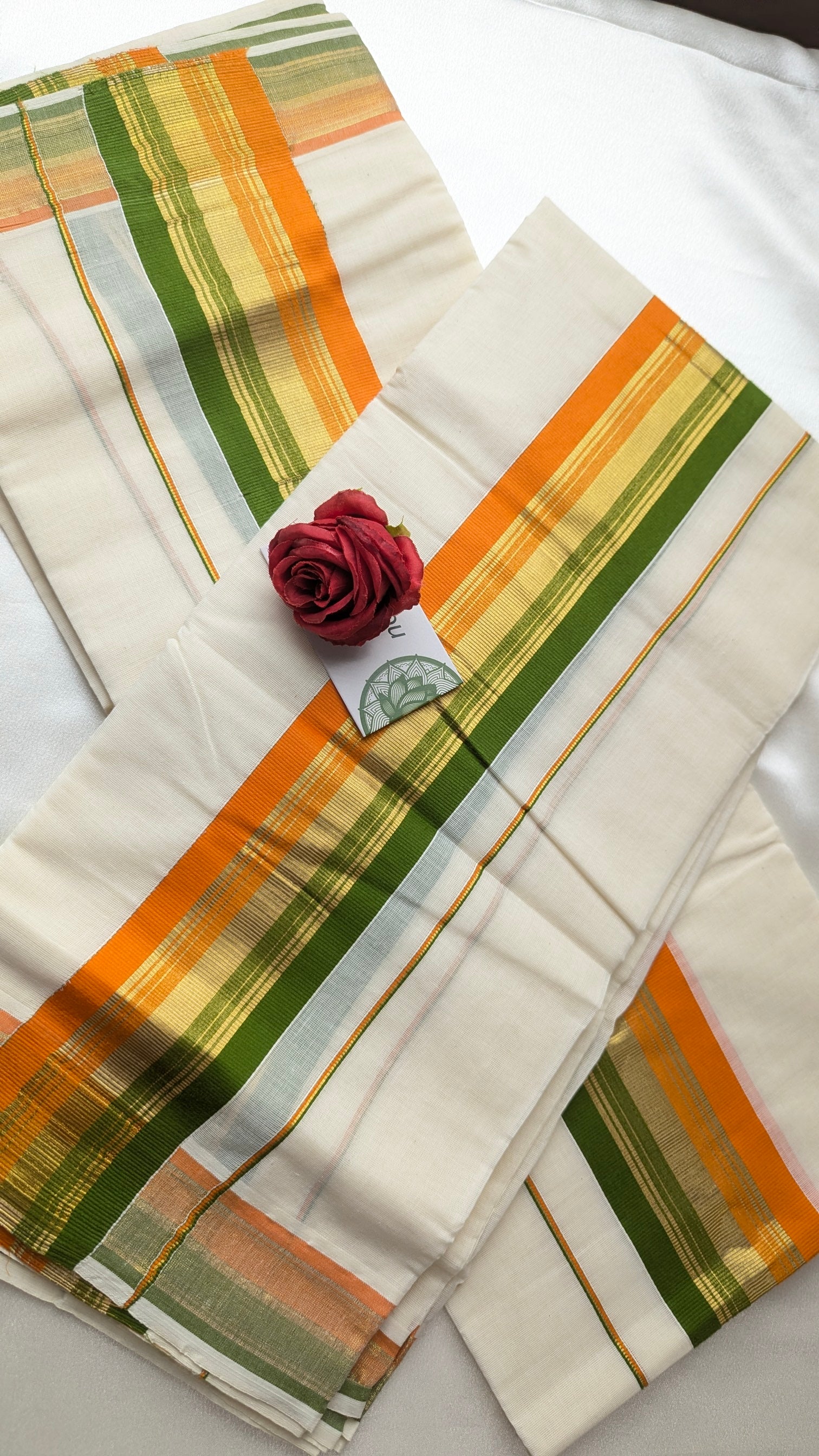 Single Set Mundu in Green & Orange