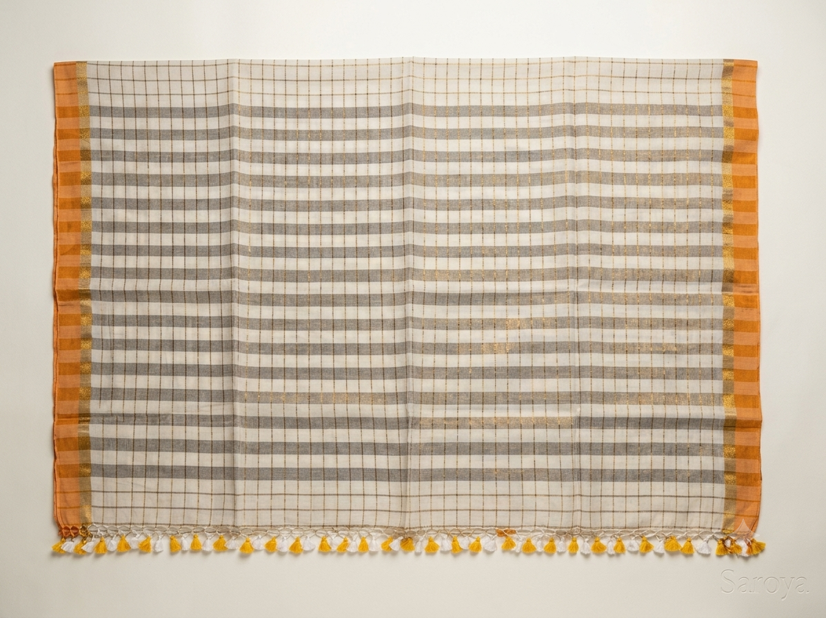 🌼 Sunshine Yellow & Off-White Checks Mul Cotton Saree 🌟