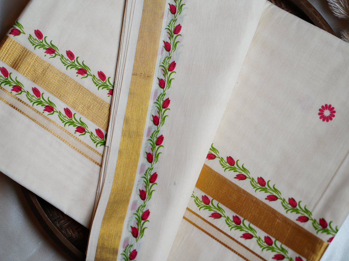 Artistically Hand-Painted Traditional Kerala Saree with Red Floral Vine & Gold Accents - SAROYA