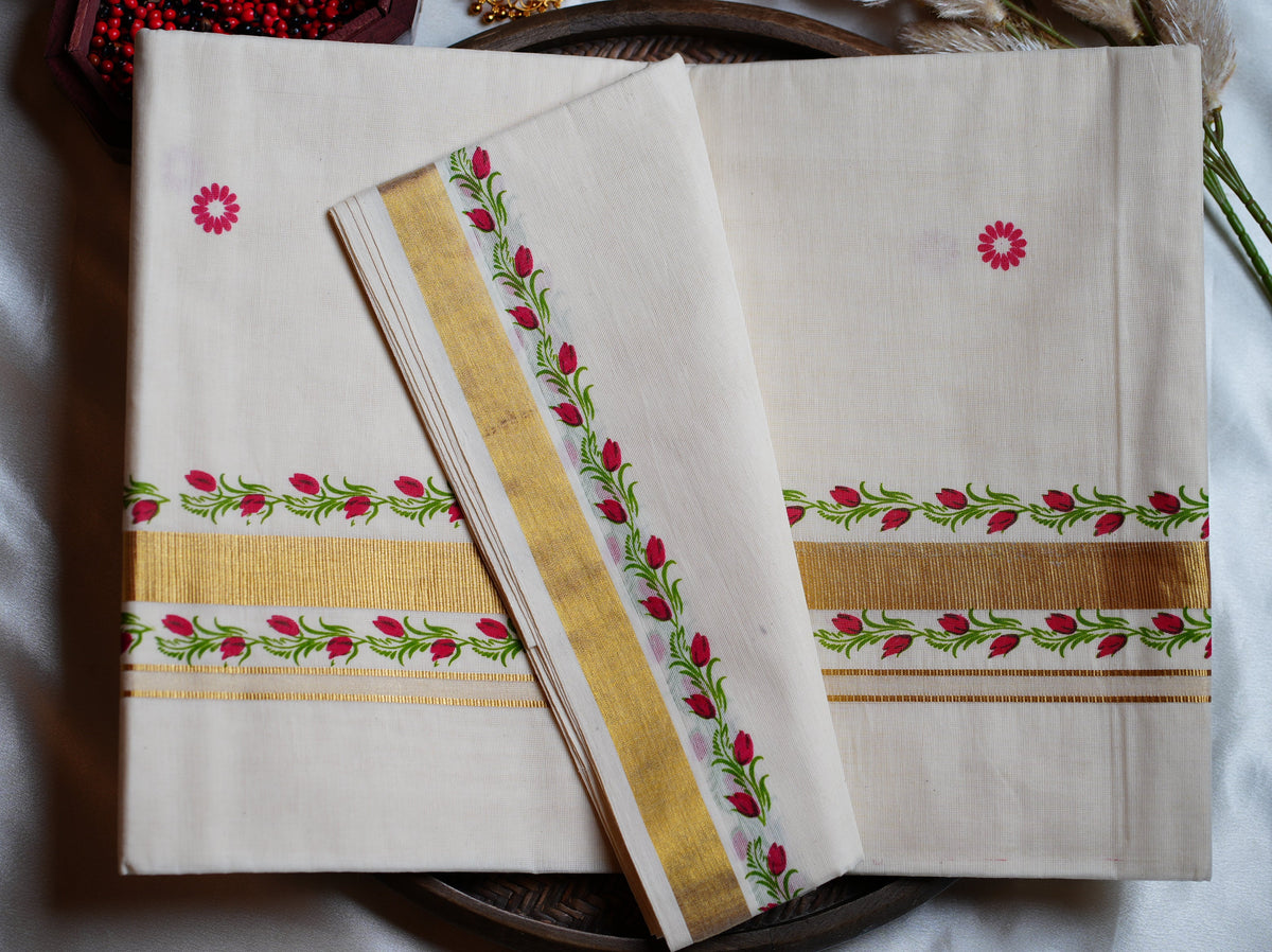 Artistically Hand-Painted Traditional Kerala Saree with Red Floral Vine & Gold Accents - SAROYA