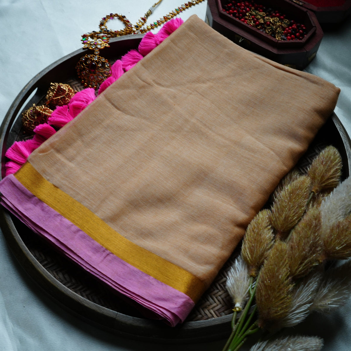 🌾 Beige-Nude Pure Mul Cotton Saree with Mustard Zari & Pink Contrast Border ✨💖 - SAROYA