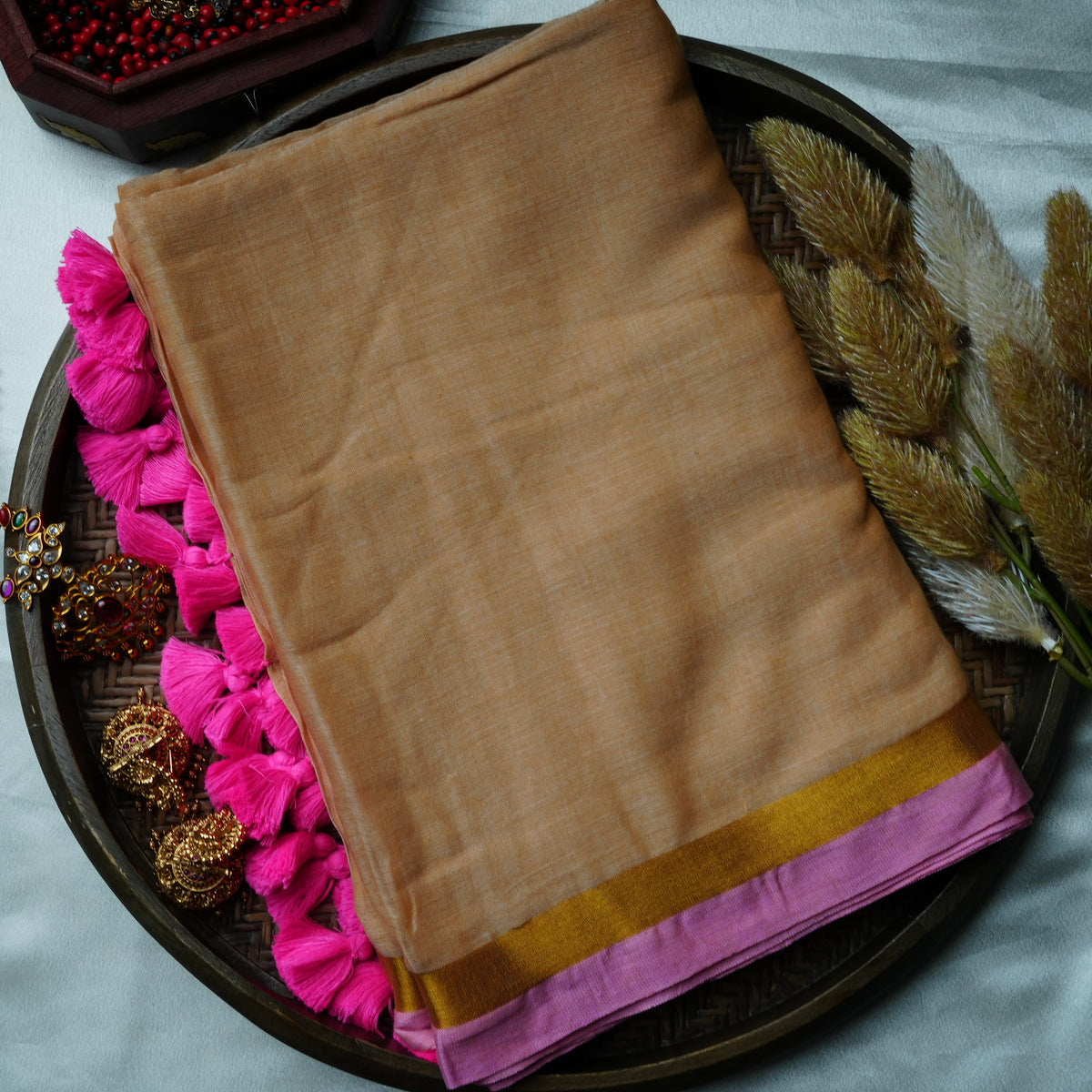 🌾 Beige-Nude Pure Mul Cotton Saree with Mustard Zari & Pink Contrast Border ✨💖 - SAROYA