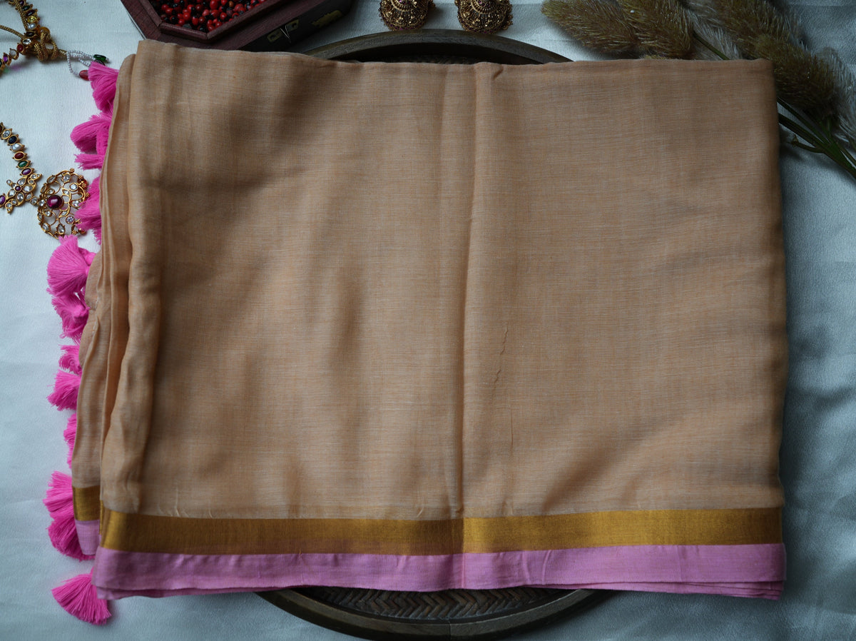 🌾 Beige-Nude Pure Mul Cotton Saree with Mustard Zari & Pink Contrast Border ✨💖 - SAROYA